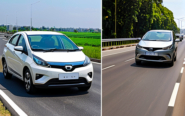 **
A split-screen image. On one side, a Tata Altroz Hybrid stuck in heavy city traffic, stop-and-go, with red brake lights glaring. On the other side, the same car smoothly cruising on an open highway with a bright, sunny sky. The city side is dark and stressful, the highway side is bright and relaxed. The contrast highlights the impact of driving conditions on fuel efficiency.
**